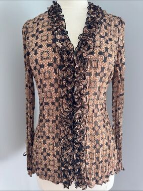 INC International Concepts Ruffle Front Blouse - Black/Brown, Size 10